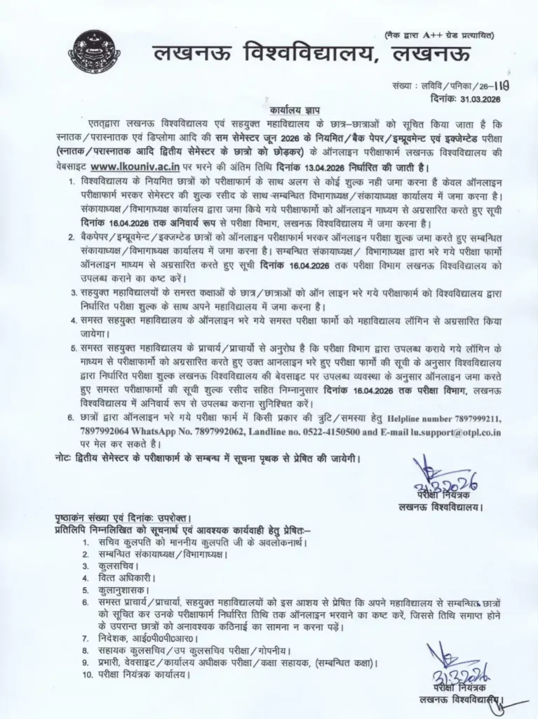 Lucknow University Even Semester Exam Form