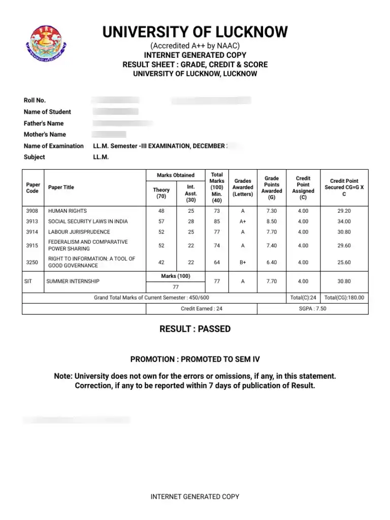 Lucknow University Odd Semester Result